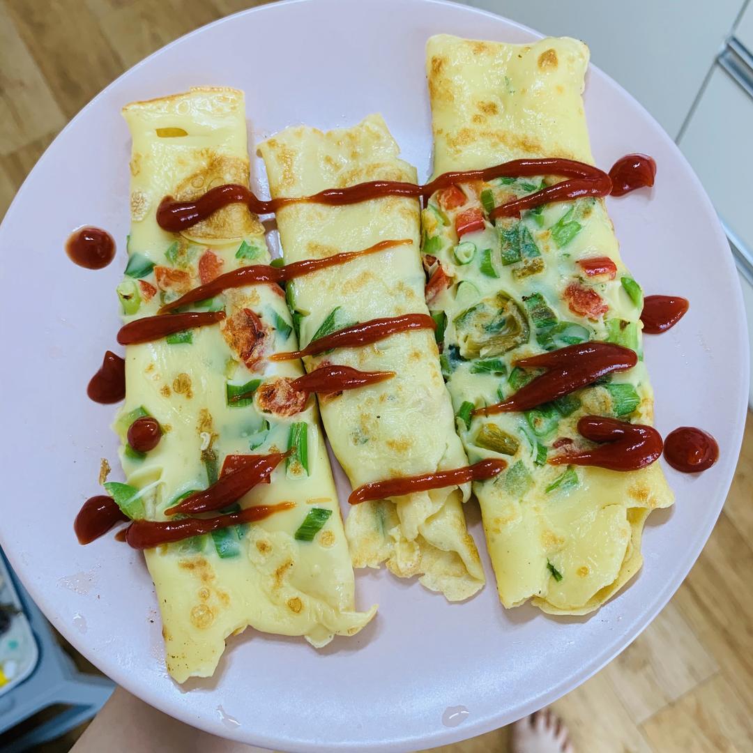 早餐来啦!5分钟就完成的彩椒葱花鸡蛋饼!