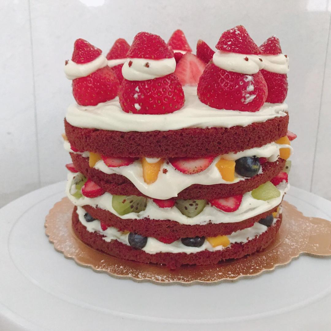 圣诞草莓雪人 红丝绒戚风裸蛋糕