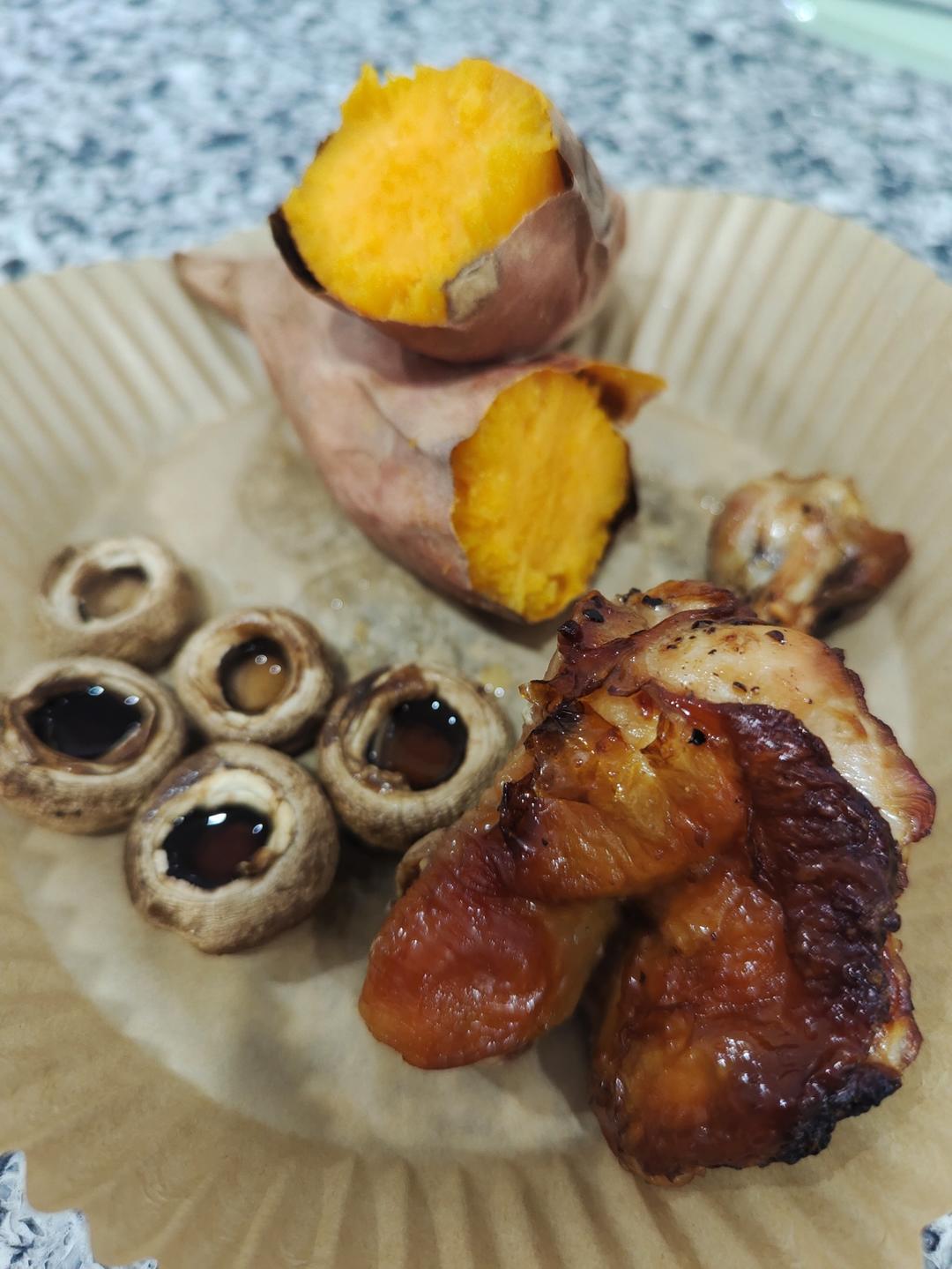 烤鸡腿+烤红薯+烤口蘑