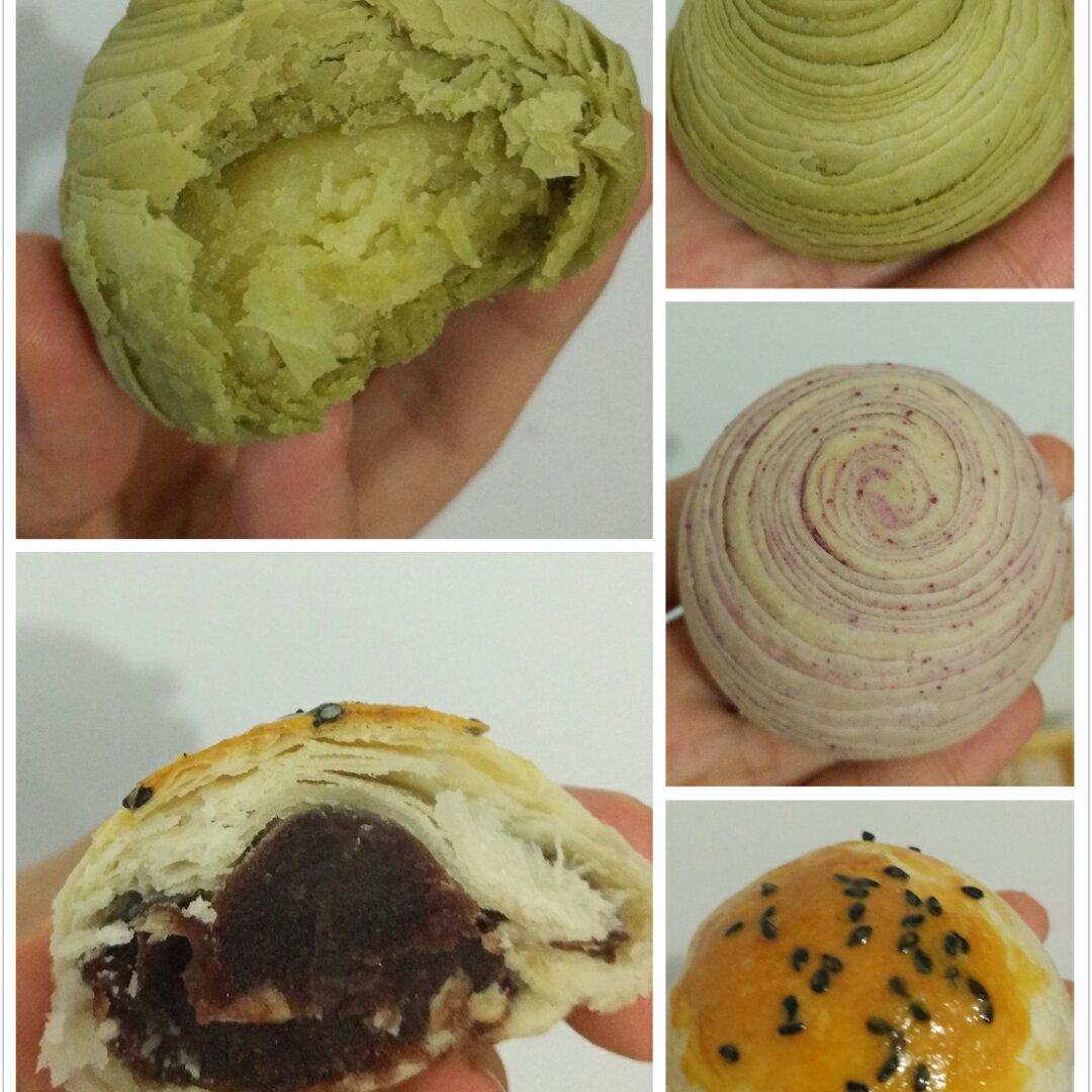 蛋黄酥~紫薯、抹茶、原味~花好月圆，中秋快乐~内附一次做六色蛋黄酥方法~