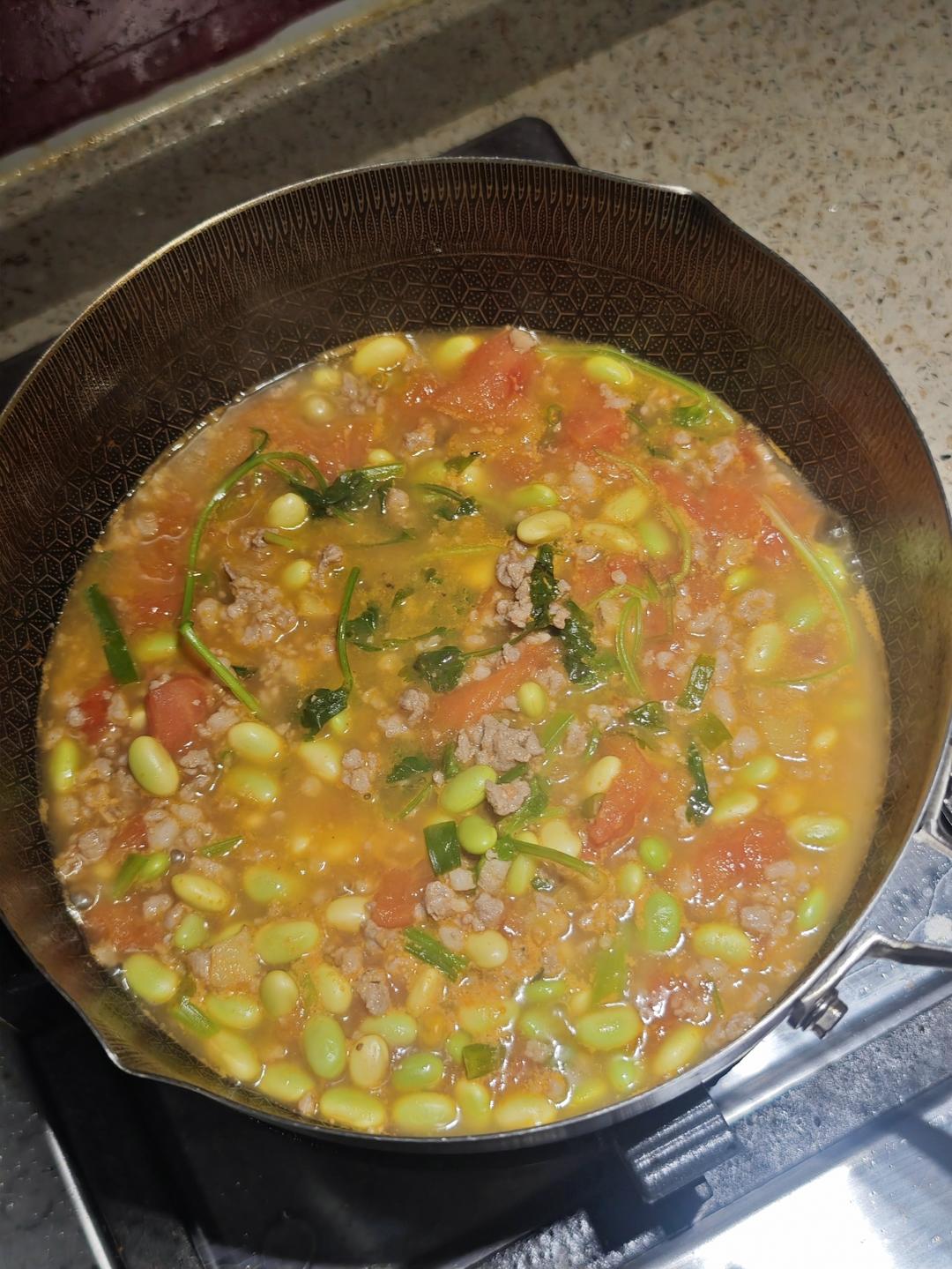 肉末番茄烧毛豆