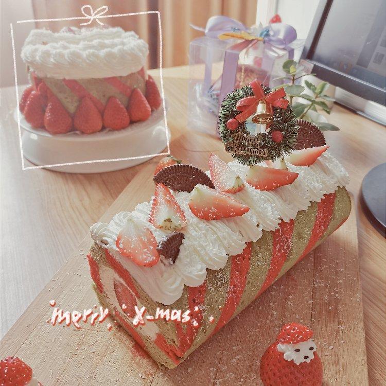 抹茶和红丝绒的圣诞蛋糕卷