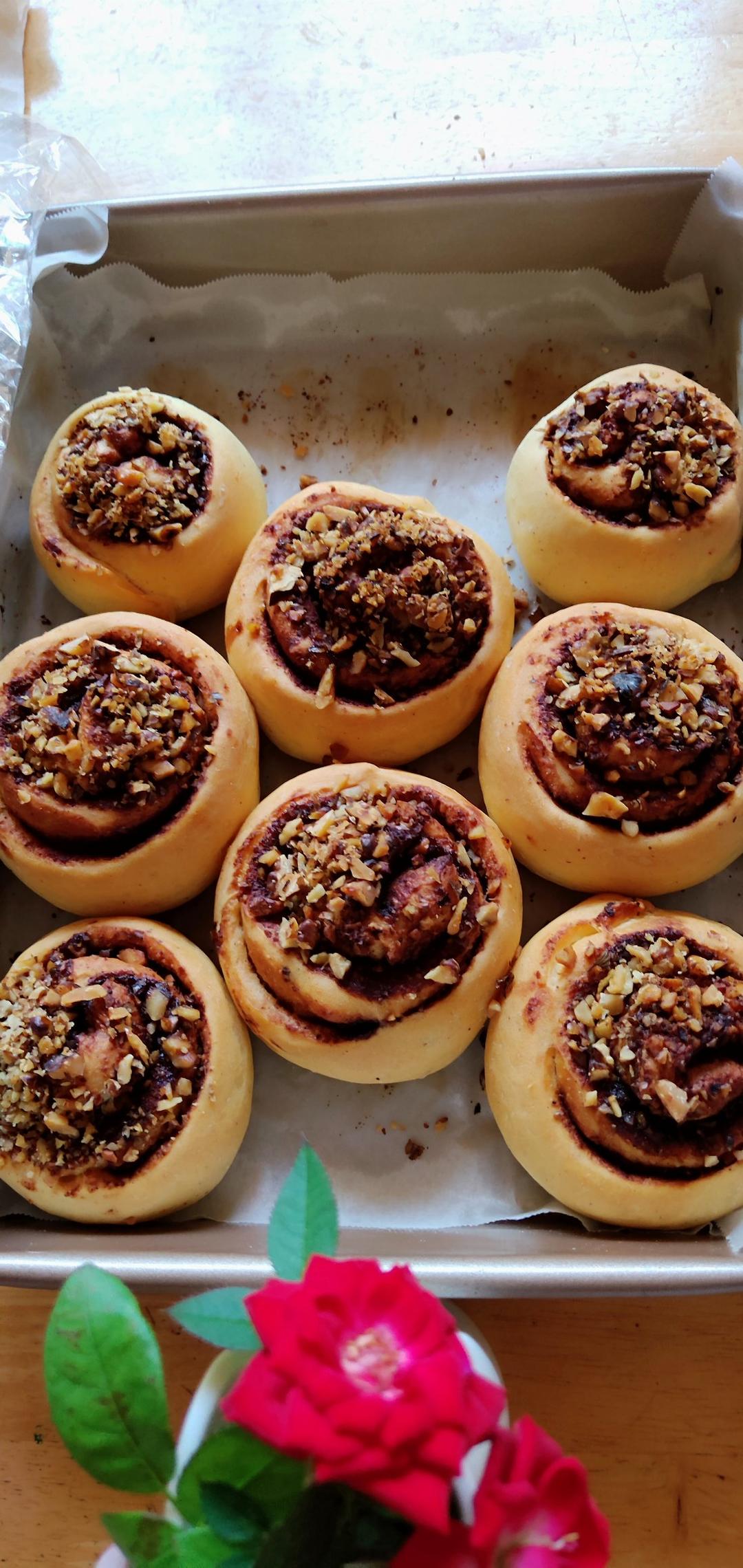 椰子油全麦免揉核桃肉桂卷【轻卡小食】——懒癌晚期版