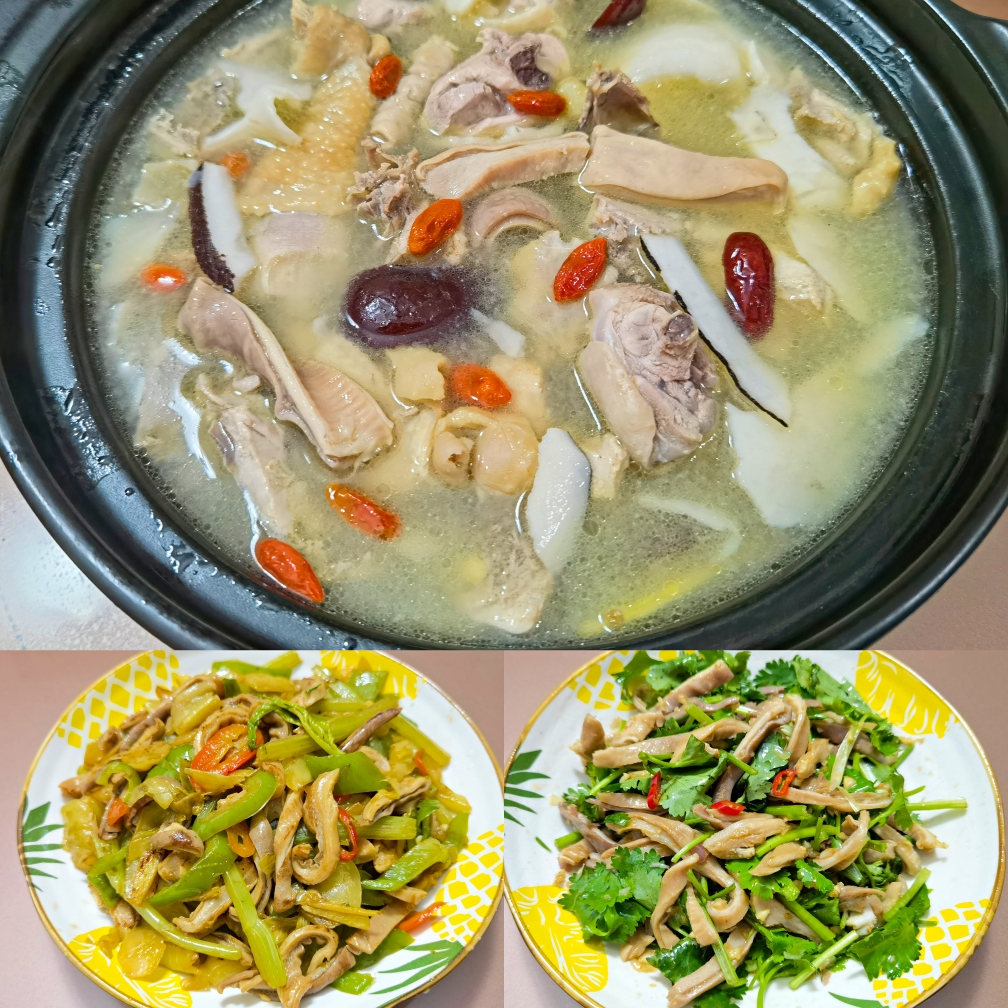 猪肚三吃：椰子猪肚鸡汤+猪肚炒咸菜+凉拌沙姜猪肚丝的做法