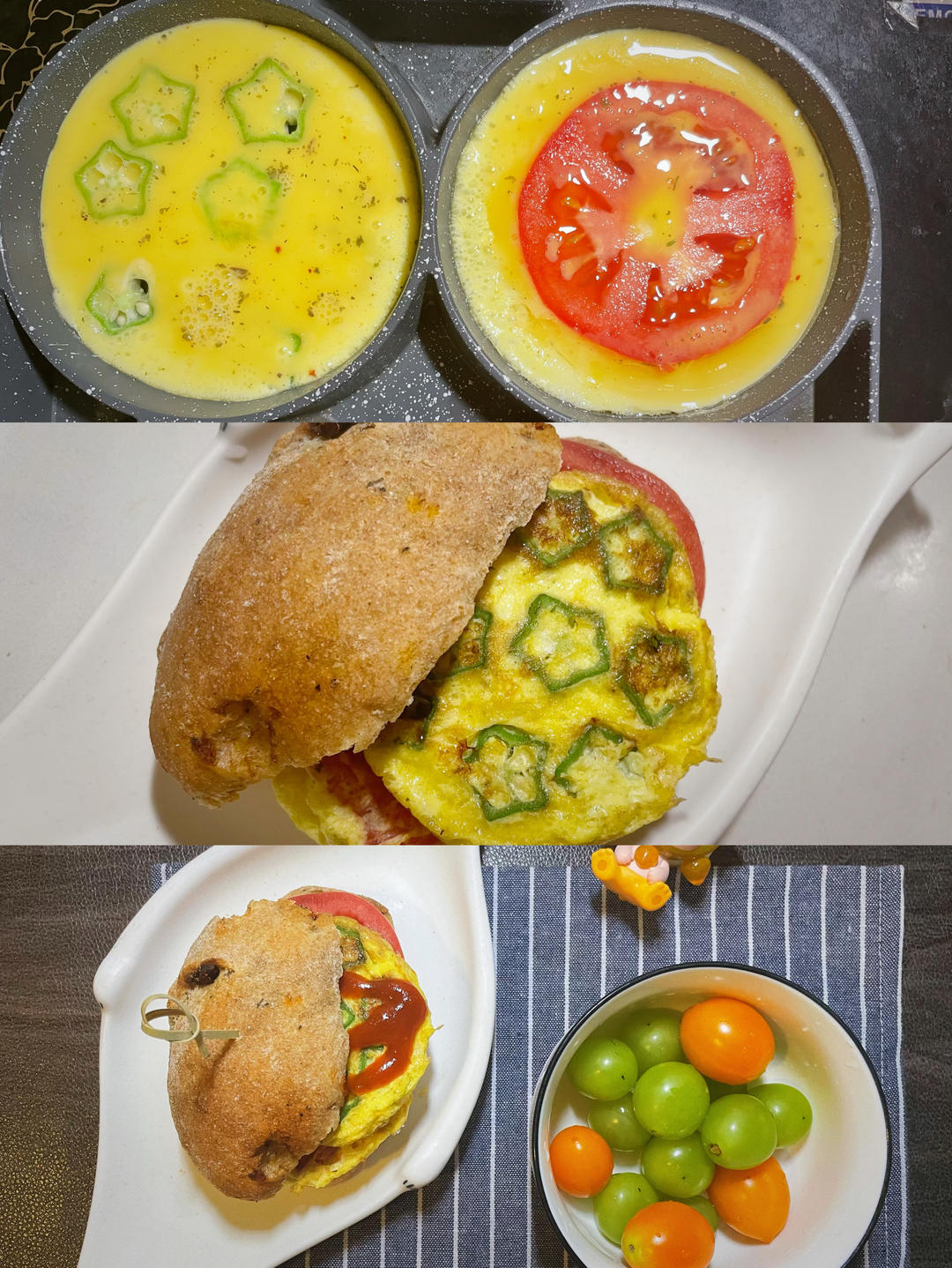 一个鸡蛋吃出两个效果：美丽又好吃的番茄秋葵三明治