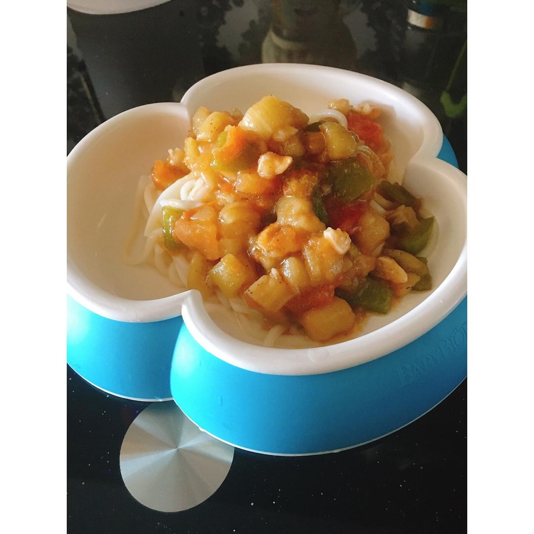 西红柿茄子肉丁打卤面