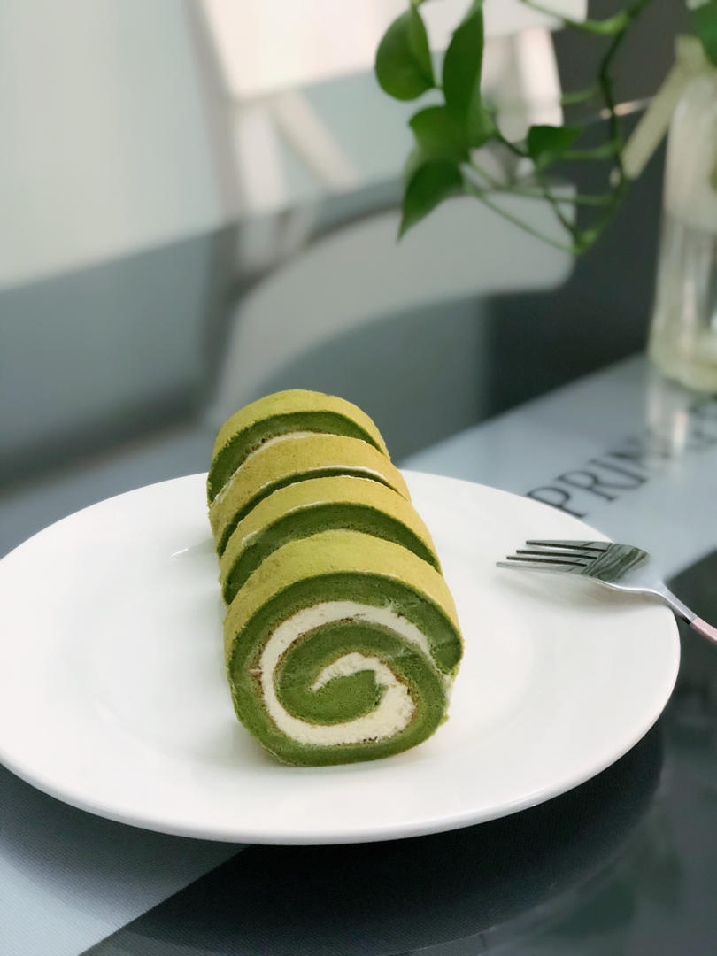 朱朱的早餐做的完美抹茶蜜豆蛋糕卷