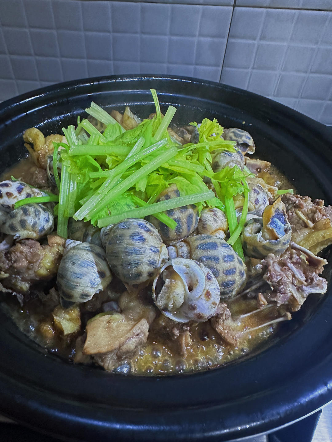 盐焗花螺鸡煲