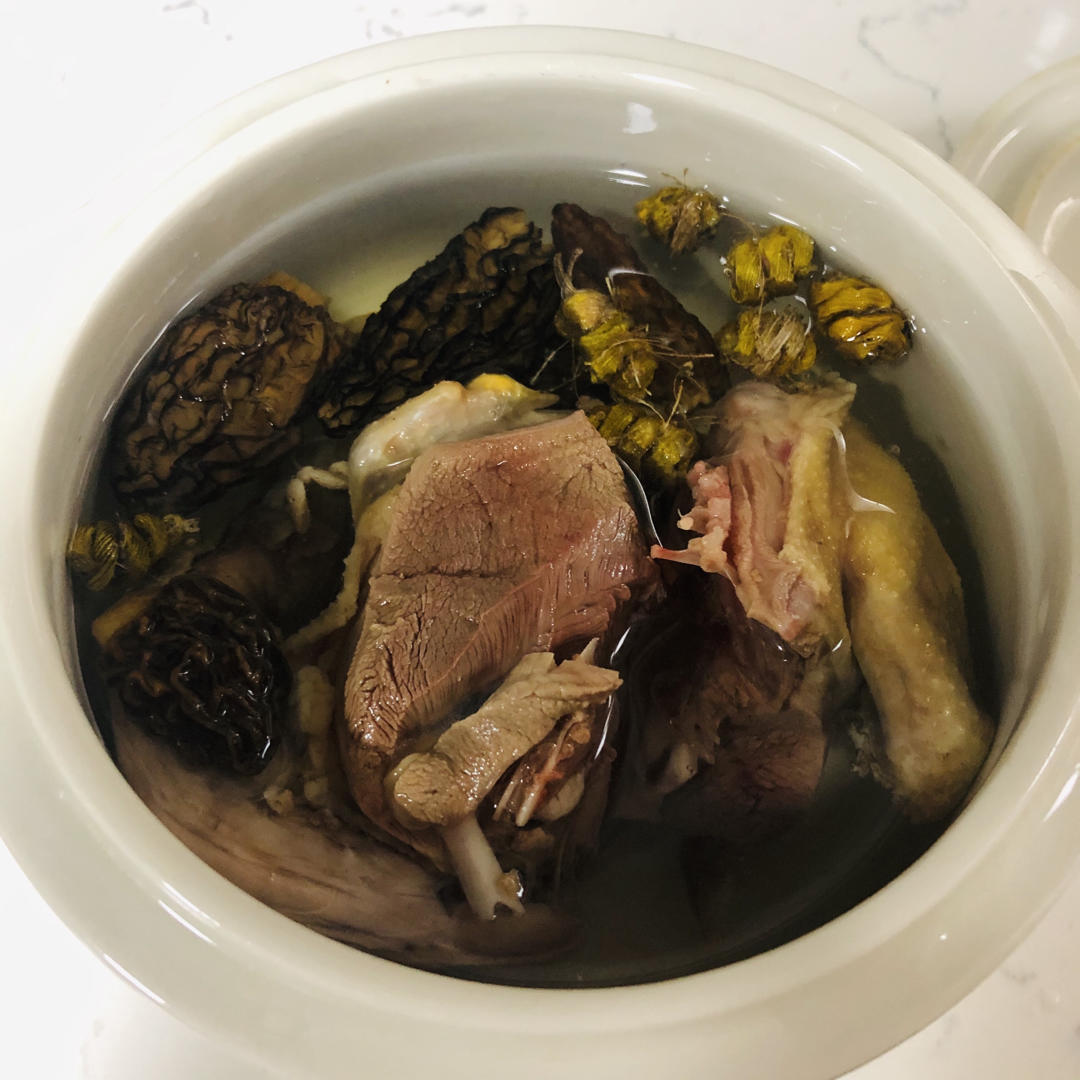 羊肚菌姬松茸虫草花鸽子汤