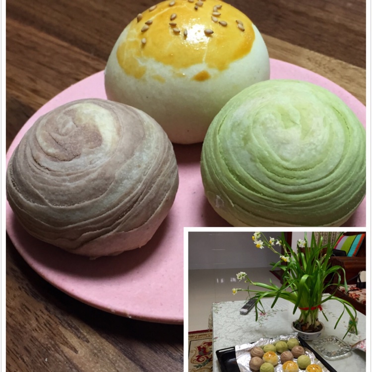 蛋黄酥~紫薯、抹茶、原味~花好月圆，中秋快乐~内附一次做六色蛋黄酥方法~