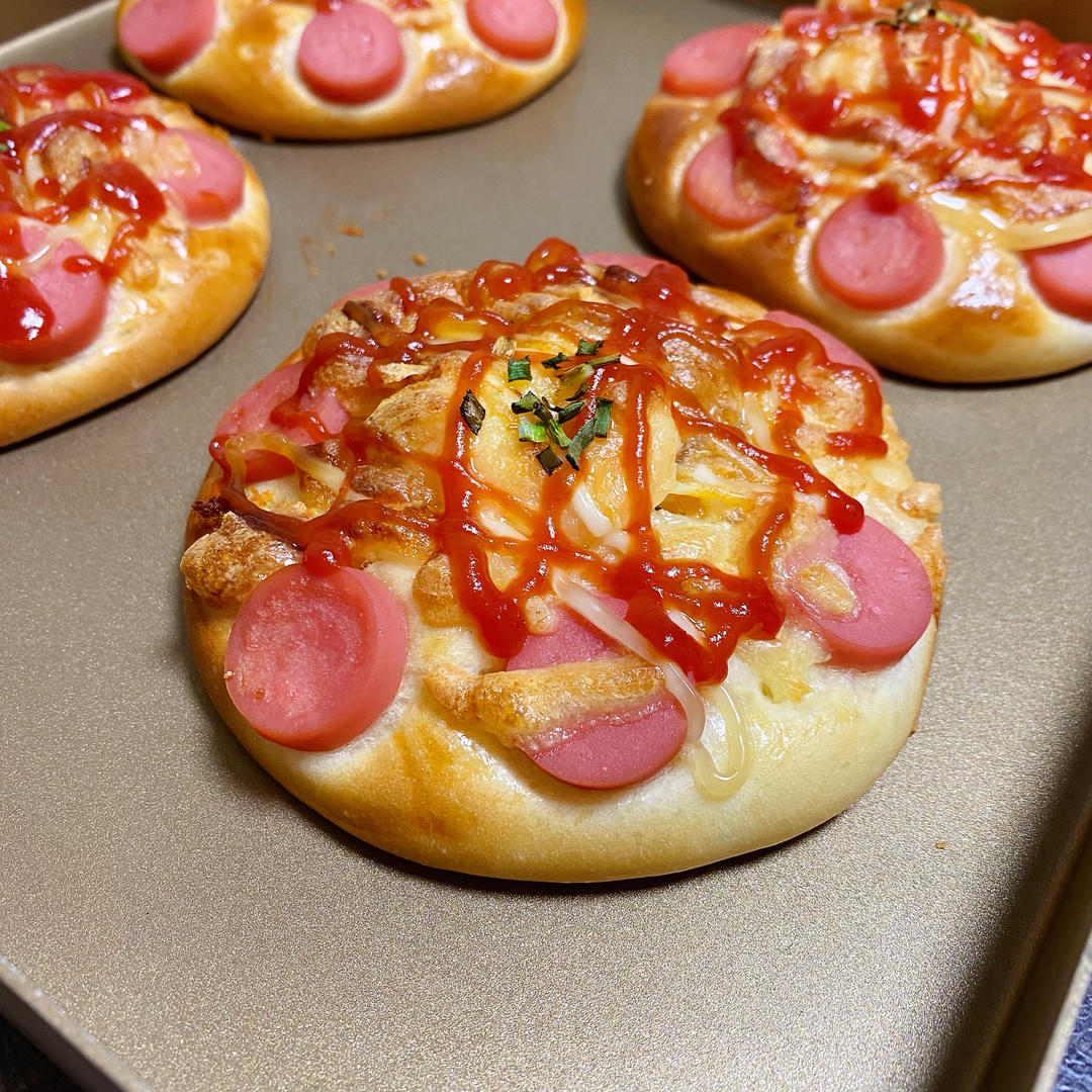 🍕快手简单｜一次发酵｜可可爱爱火腿披萨小面包｜学生早餐