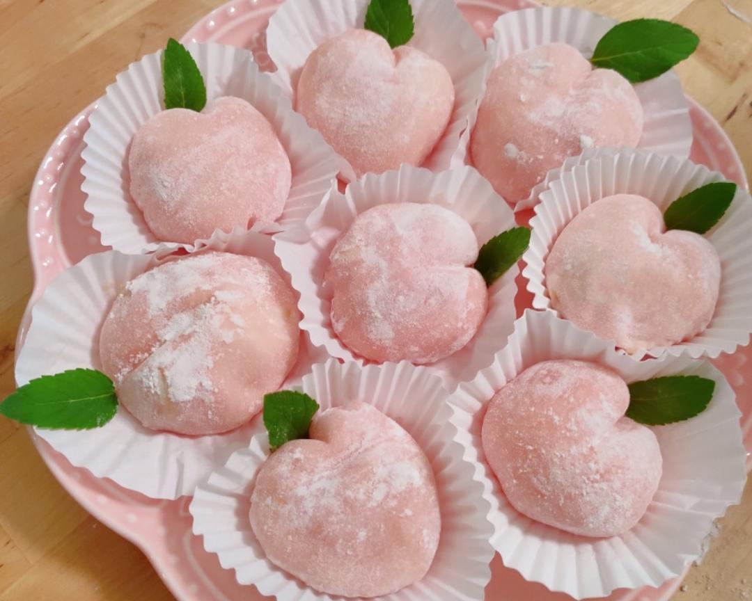 清新🍃- 水蜜桃雪媚娘🍑  (小寿桃# 🎀无添加色素 使用红肉火龙果调色 🎀)