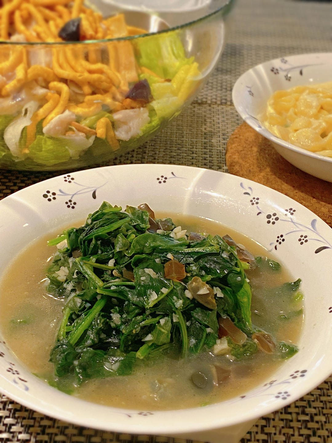 焦蒜皮蛋菠菜&香菇扒油菜&素烧豆角