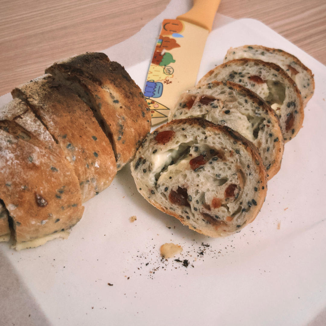🥖黑芝麻蔓越莓面包｜无油糖无需揉面🉑
