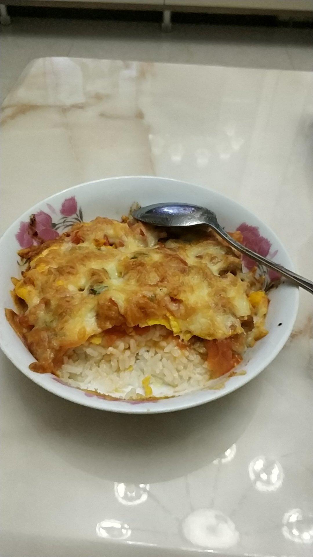 超快手超好吃的芝士焗饭（番茄虾球芝士焗饭）