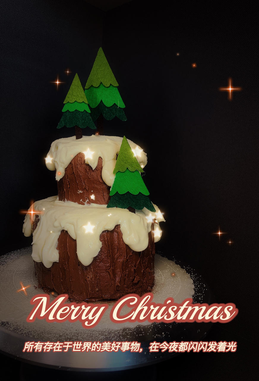圣诞棉花糖奶油霜滴落树桩蛋糕