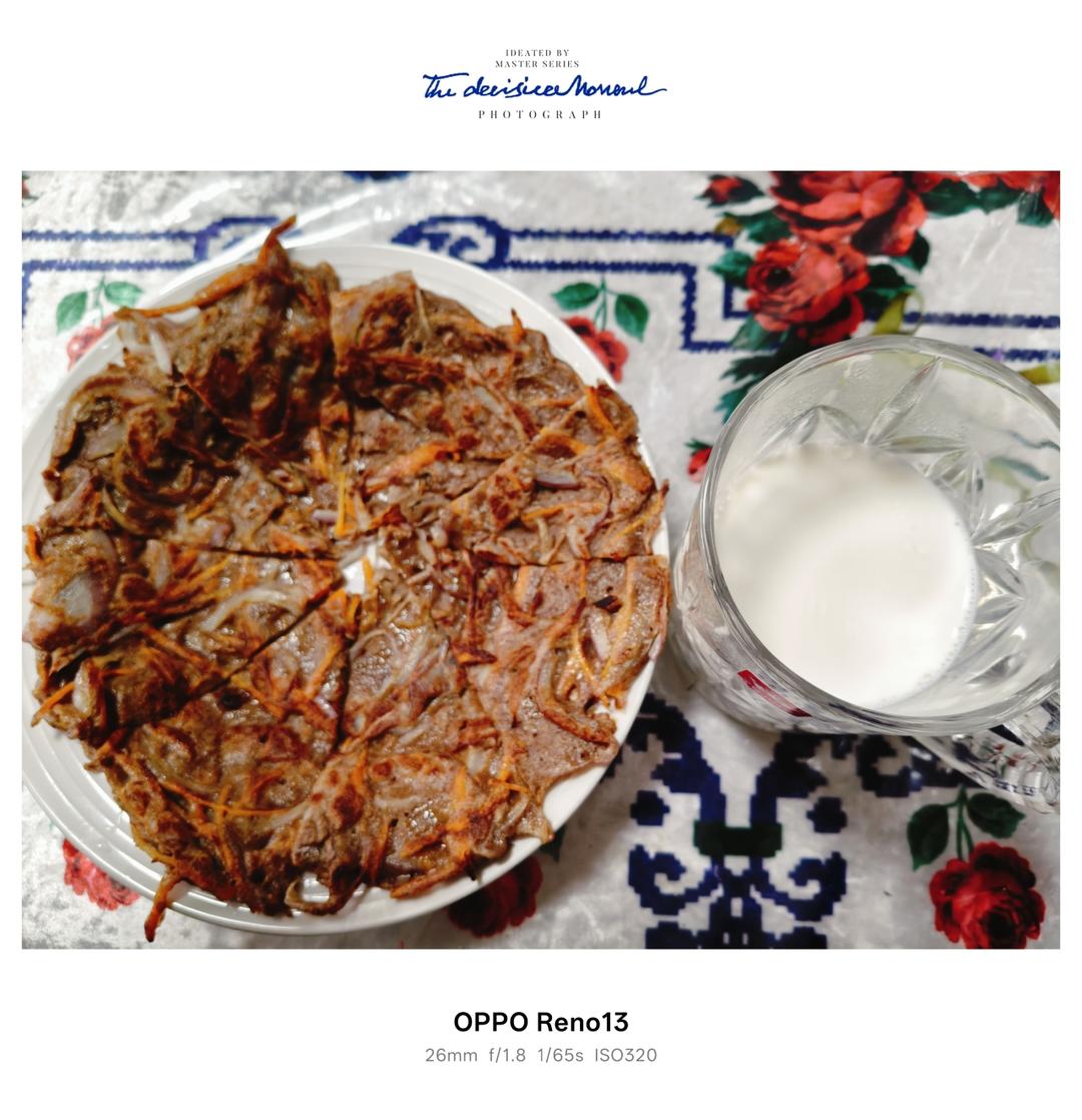 洋葱鸡蛋糊塌子+牛奶+彩椒