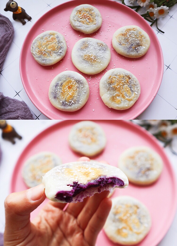 软糯香甜❗️平底锅奶香紫薯糯米饼的做法