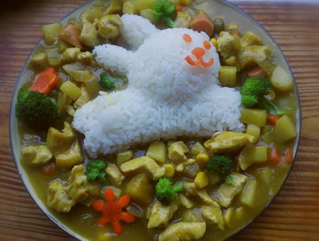 咖喱鸡肉饭（附米饭整形小方法）