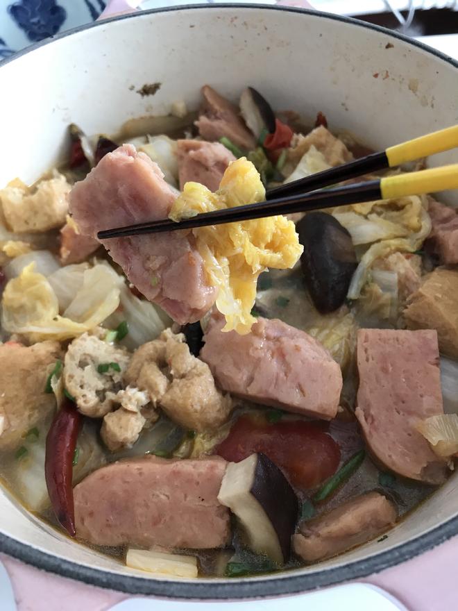 午餐肉白菜炖豆泡-酷彩 珐琅铸铁锅食谱的做法
