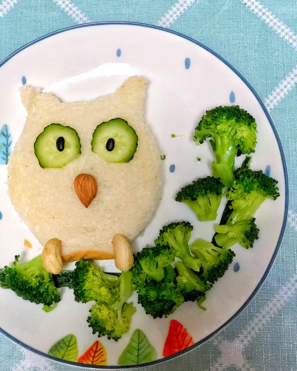 蜜糖甜甜圈做的生动的动物造型早餐,夜晚的猫头鹰