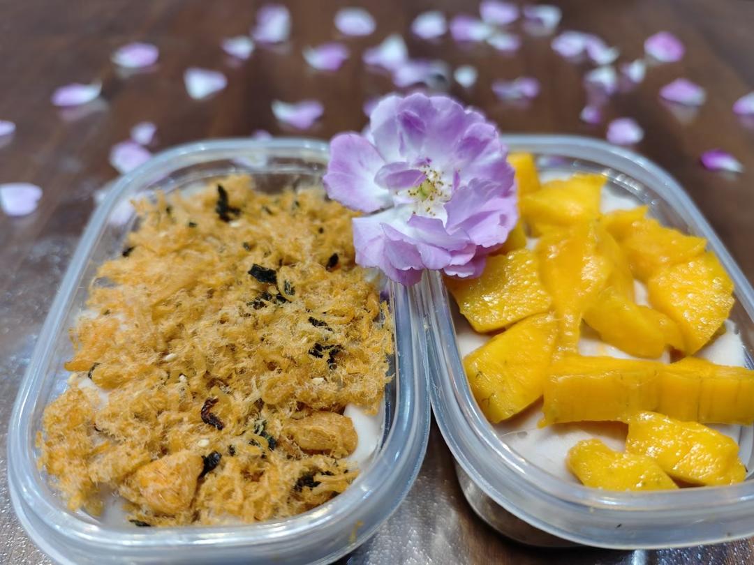 无需烤箱的「血糯米芋泥肉松麻薯」