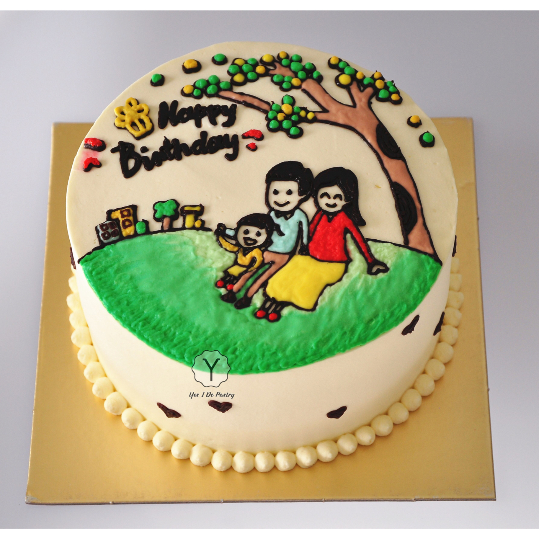 她说,想定一个蛋糕,庆祝老公生日及老公新工作入职,希望呈现一家三口