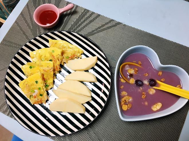 快手紫薯米糊与虾皮鸡蛋饼的做法