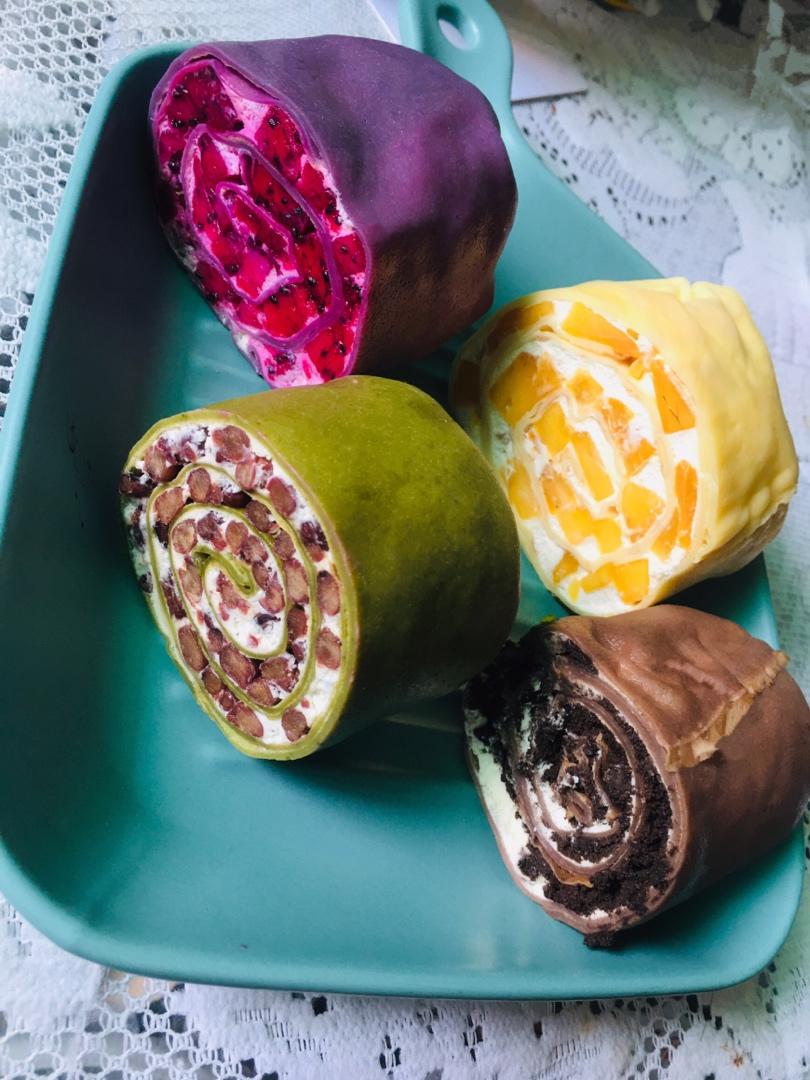 千层毛巾卷，原味、抹茶、巧克力三种口味