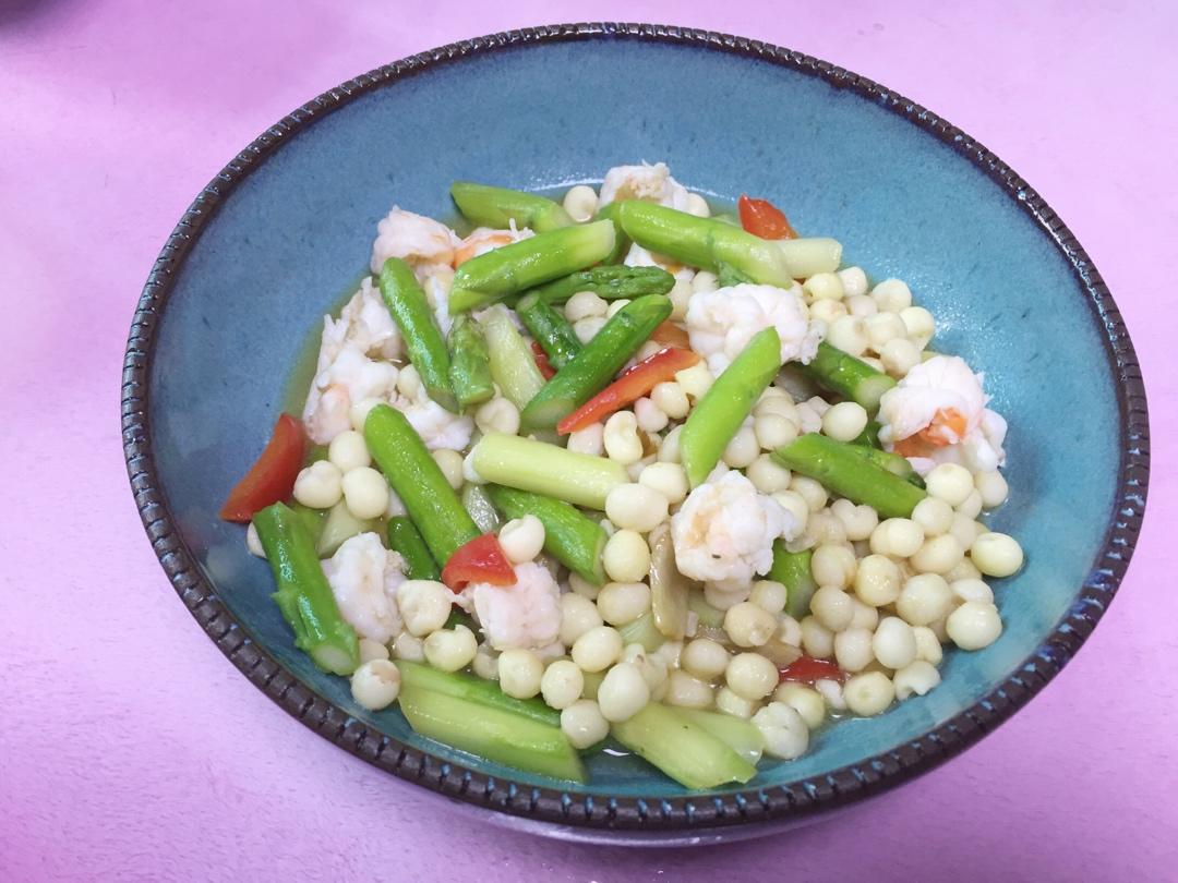 q西柚做的鸡头米彩椒芦笋炒虾仁