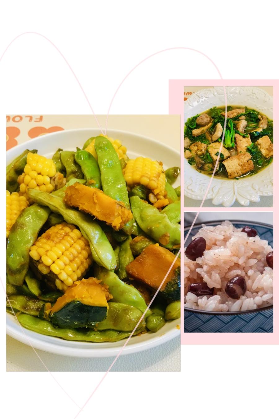 素🉑大丰收（豆角、玉米南瓜），豆腐口蘑蔬菜汤，吃素是福😊🙏的做法