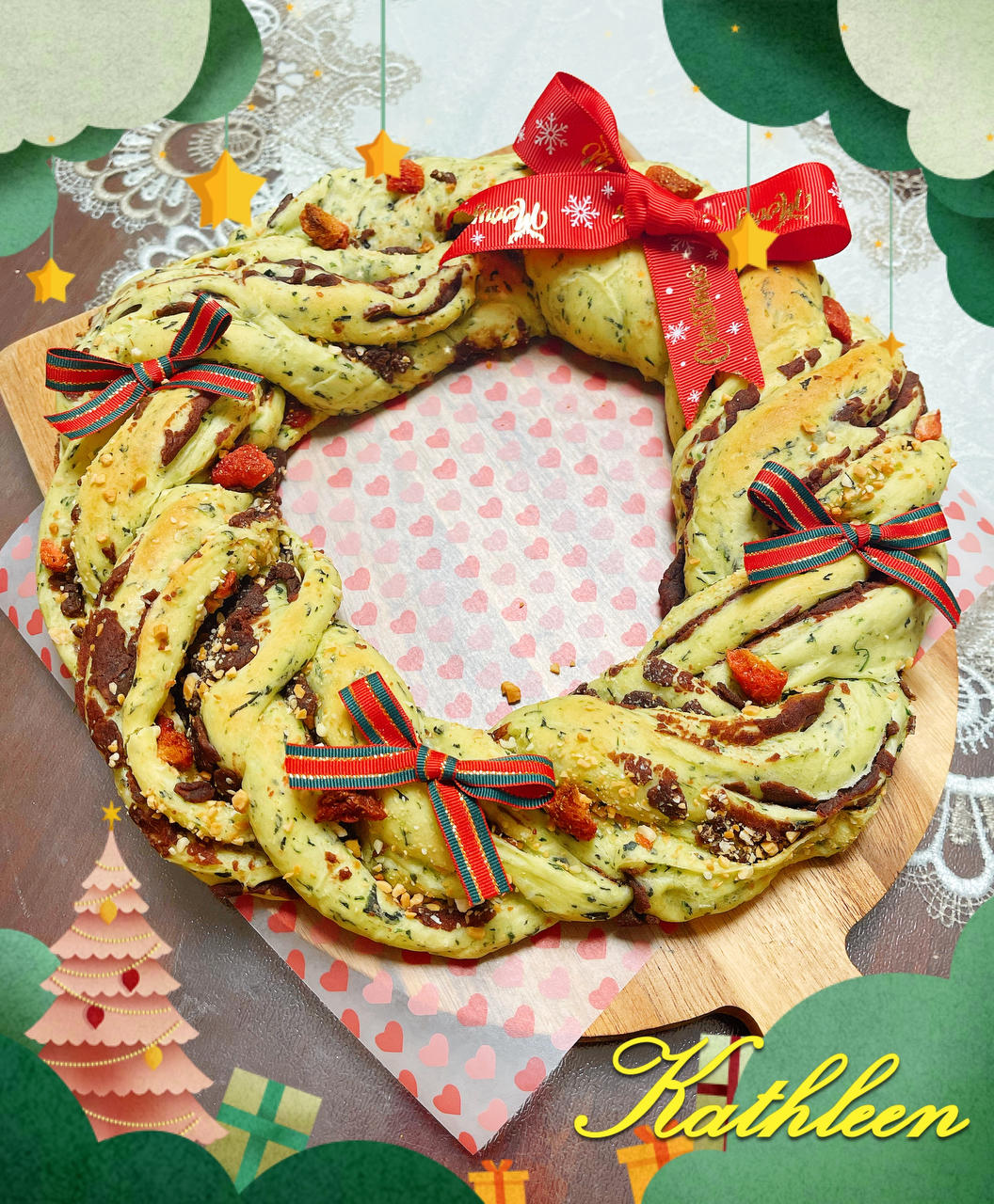 抹茶蔓越莓花环面包