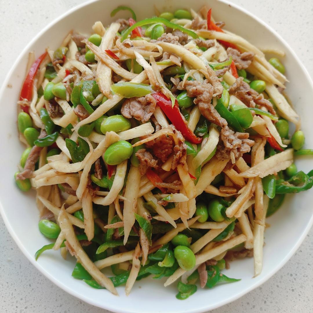 茭白青椒肉丝炒毛豆