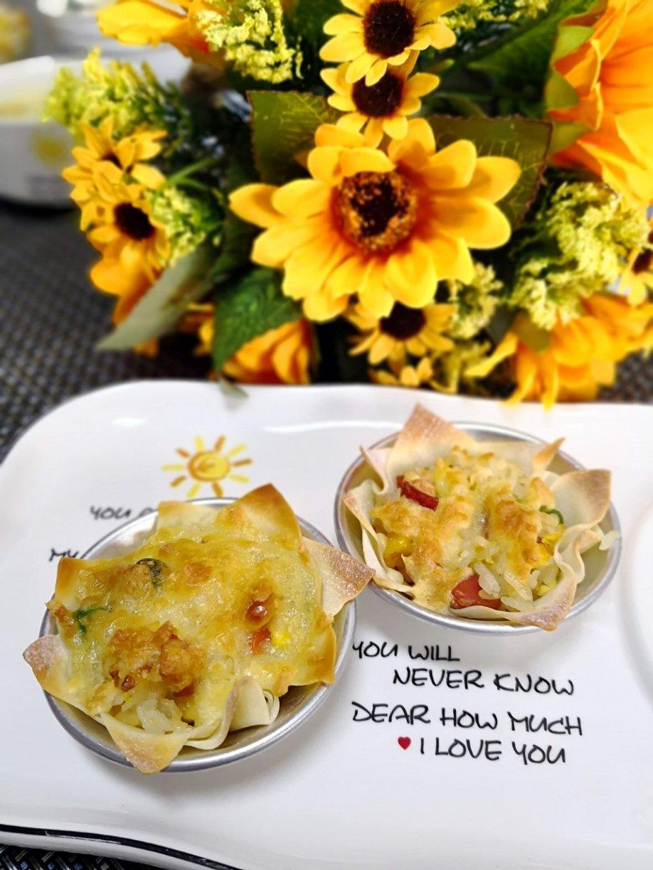 馄炖皮剩米饭的花样做法（馄炖皮奶酪盏）