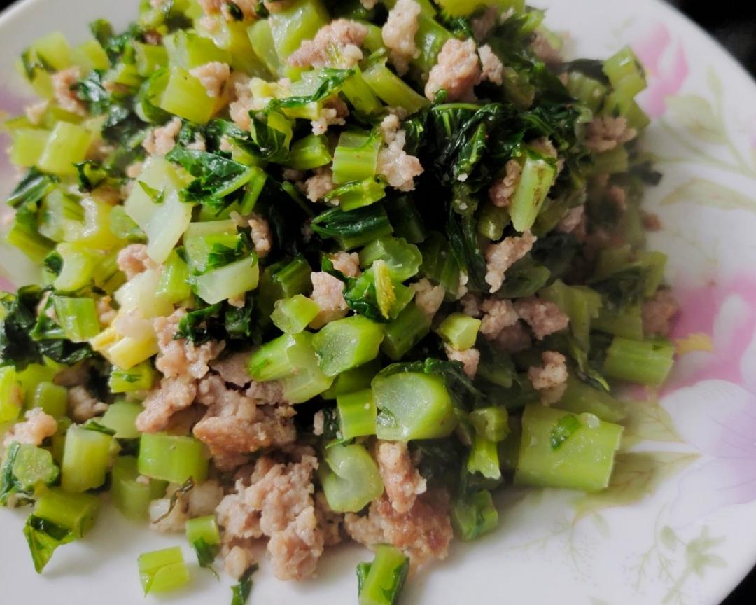 油菜肉末，芥菜肉末（姜蒜蓉芥菜），小松菜肉末，新鲜雪里蕻炒肉末，自制腌菜炒肉末(幸福便当菜)美善品小美食谱