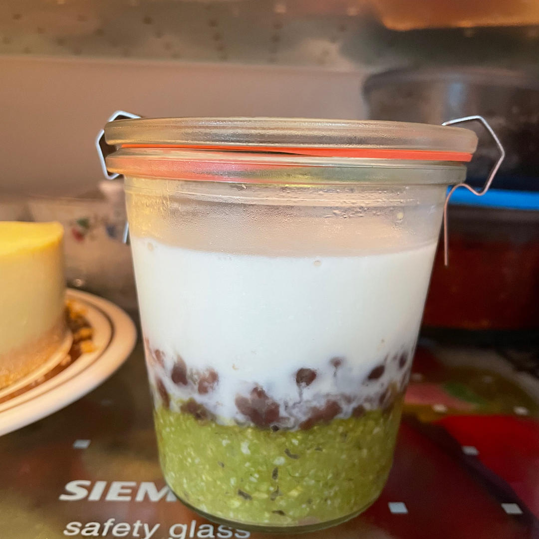 快手抹茶燕麦红豆奶冻布丁杯【健康小食】