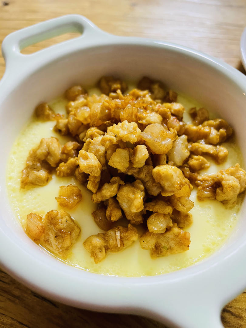 鸡肉末鲜虾鹅蛋羹～太阳谷菜谱