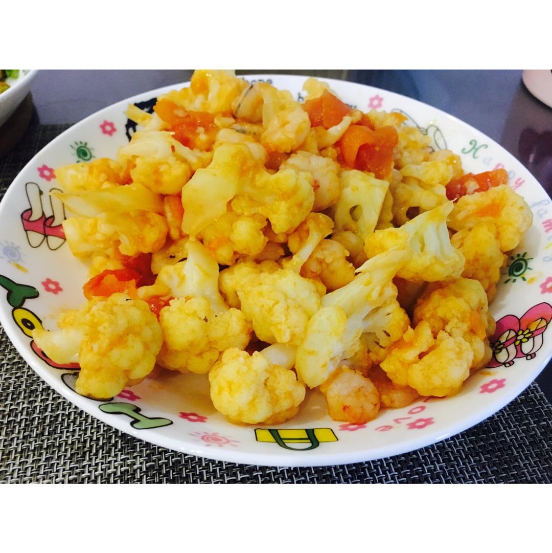 西红柿虾仁炒菜花