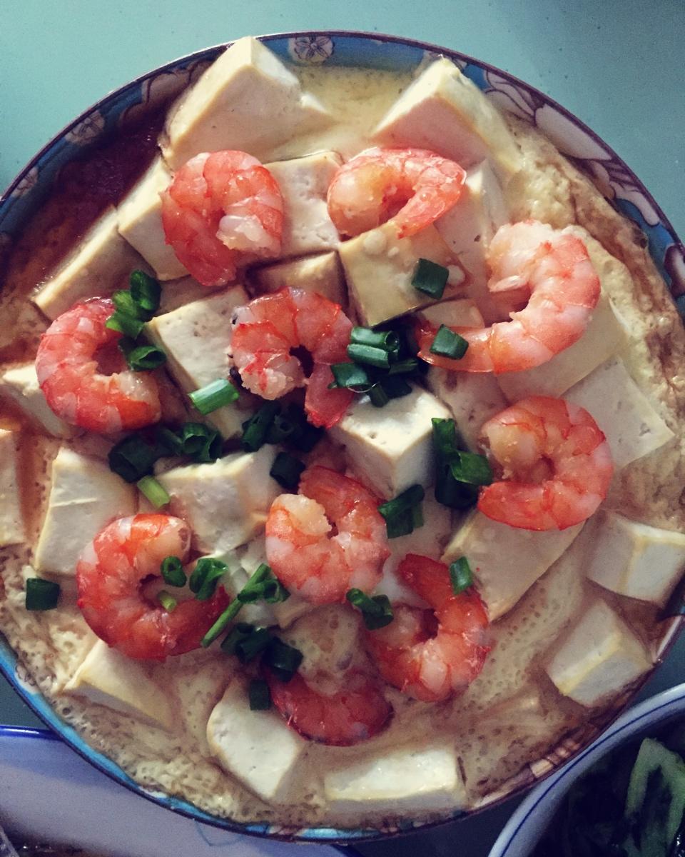 豆腐虾仁蒸鸡蛋