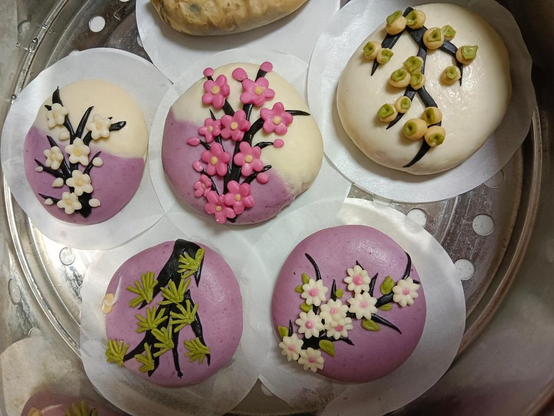 原创.四款吉庆豆沙花包（柿柿如意，常青松，报春梅，白雏菊）