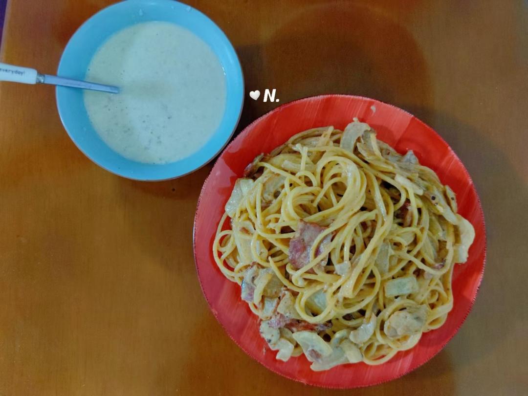 简单快手的奶油蘑菇培根意面