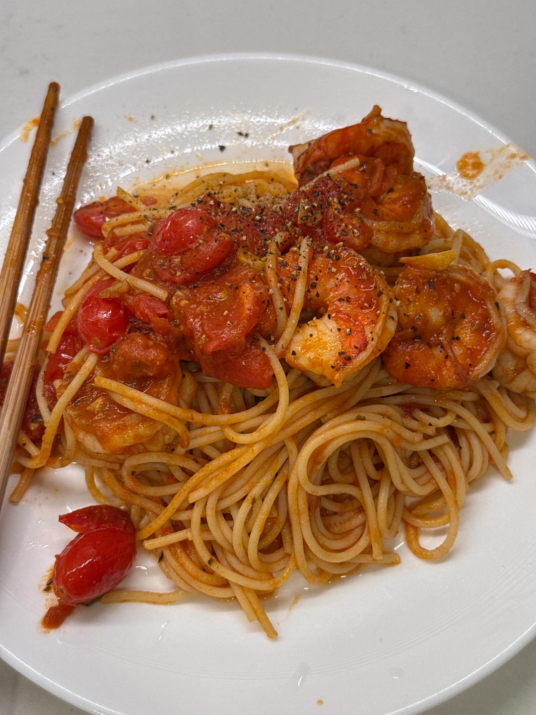 快手浓香❗️低脂番茄大虾意面🍝