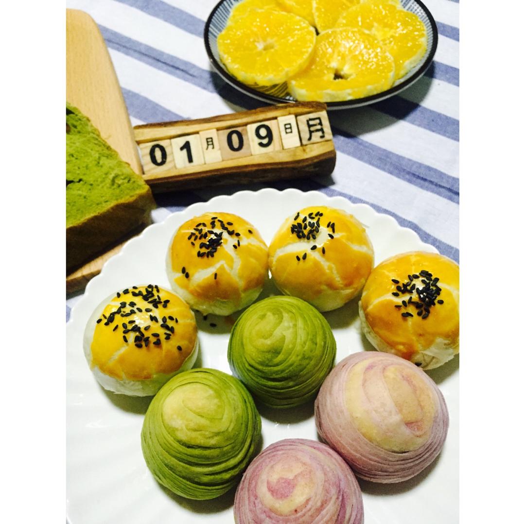 蛋黄酥~紫薯、抹茶、原味~花好月圆，中秋快乐~内附一次做六色蛋黄酥方法~