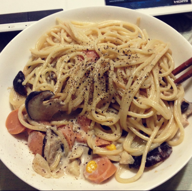 白蘑菇奶油培根意面