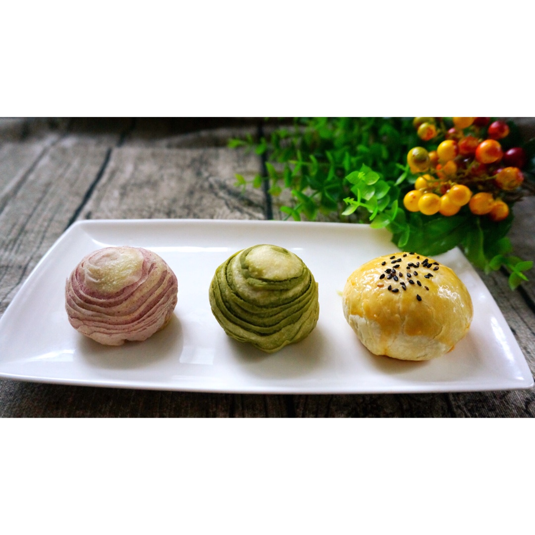 蛋黄酥~紫薯、抹茶、原味~花好月圆，中秋快乐~内附一次做六色蛋黄酥方法~