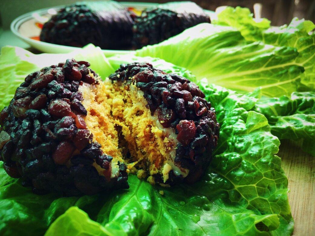 黑米红豆麻薯肉松饭团【健康小食】