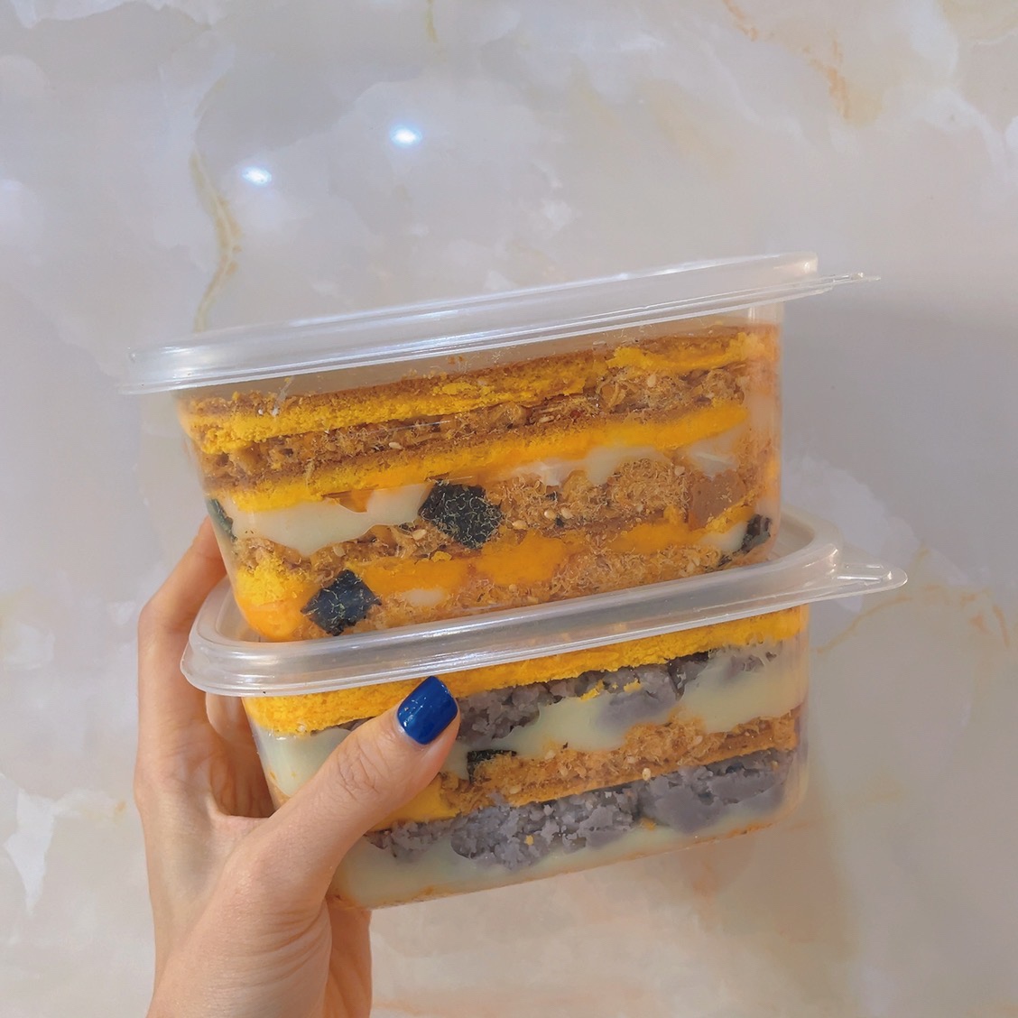 低卡酱多多-虎皮麻薯咸蛋黄肉松沙拉/麻薯芋泥肉松沙拉盒子蛋糕的做法