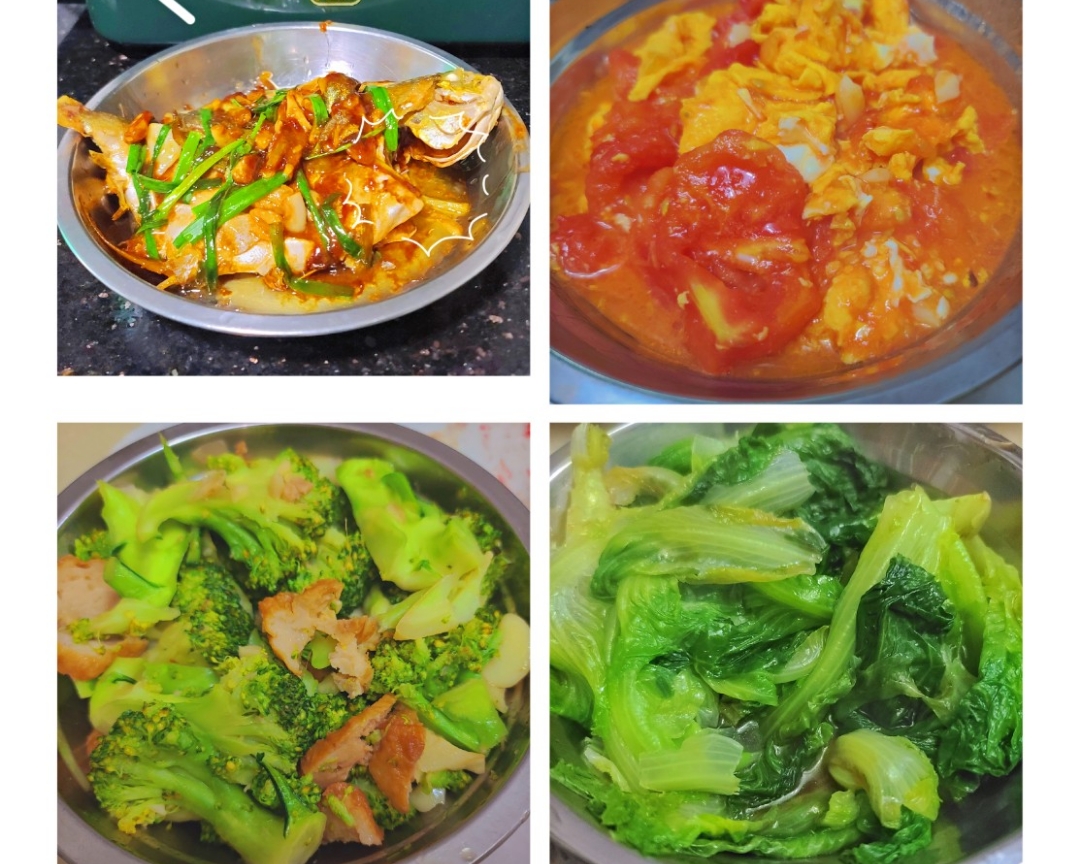 广州家常菜之三肉一菜(红烧金鲳鱼+番茄炒蛋+西兰花炒肉卷+蚝油生菜)的做法
