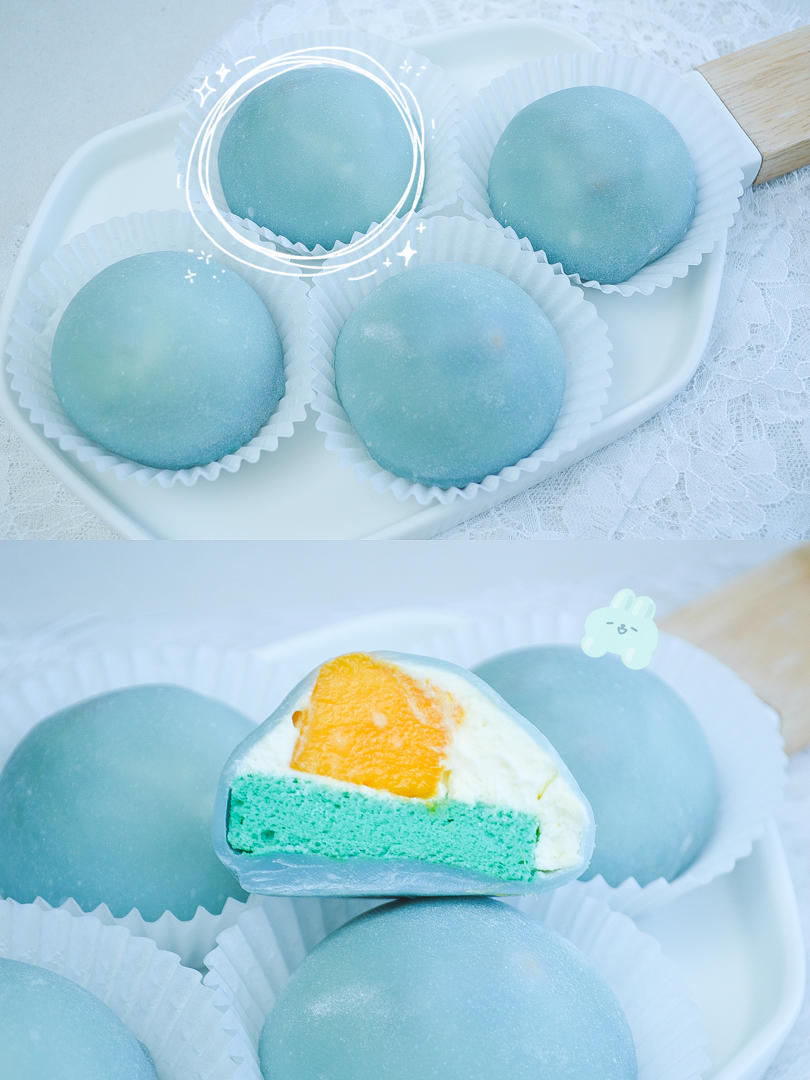 馋哭隔壁小孩er做的网红甜品雾霾蓝芒果冰皮月亮蛋糕秒杀雪媚娘