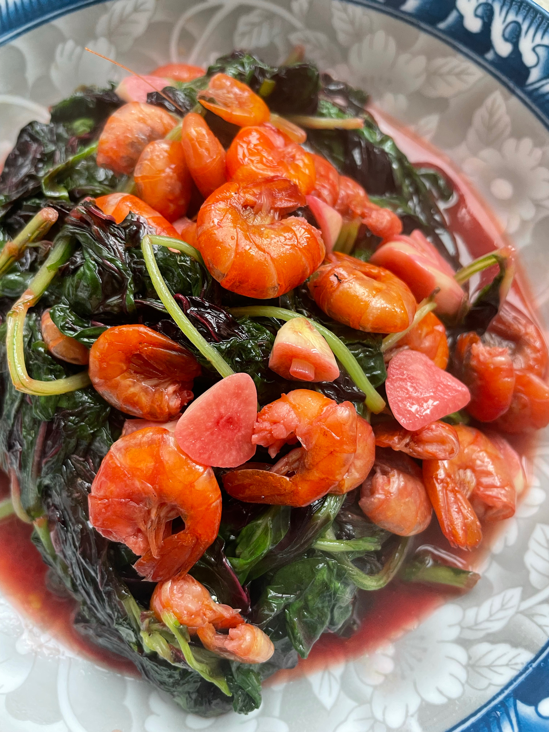 红红火火苋菜炒虾子的做法